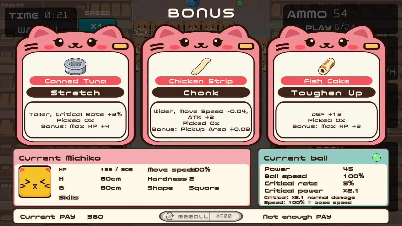 English bonus selection with Canned Tuna, Chicken Strip and Fish Cake, plus current body and ball stats.