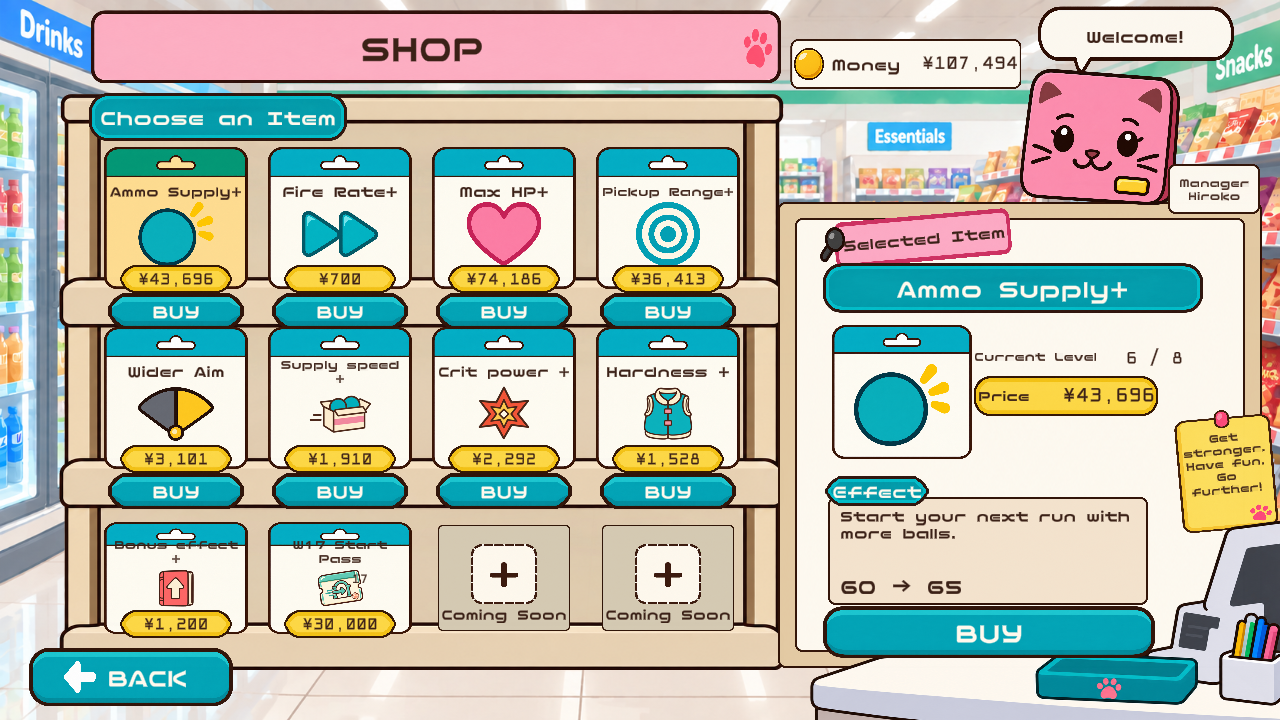 English shop showing permanent upgrades and an item-detail panel.